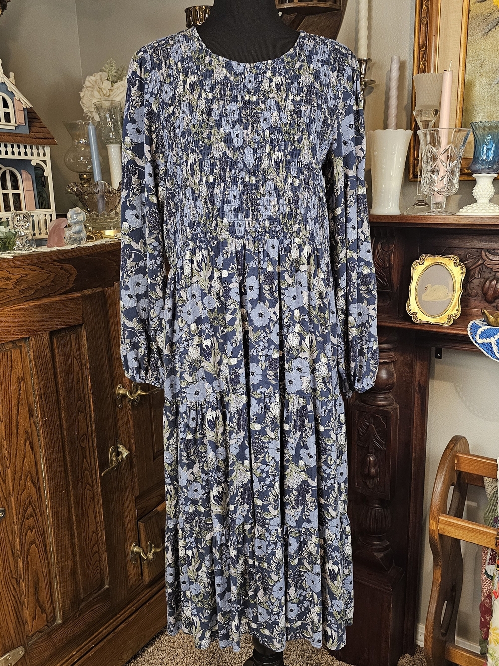 Kate & Sam Blue Floral Smocked Tiered Midi Dress XL Boho Cottagecore